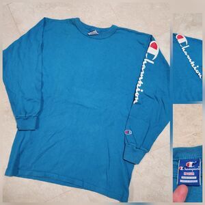 VTG 90s Champion Mens M Medium USA Made Teal Spellout Long‎ Sleeve T Shirt 1990s